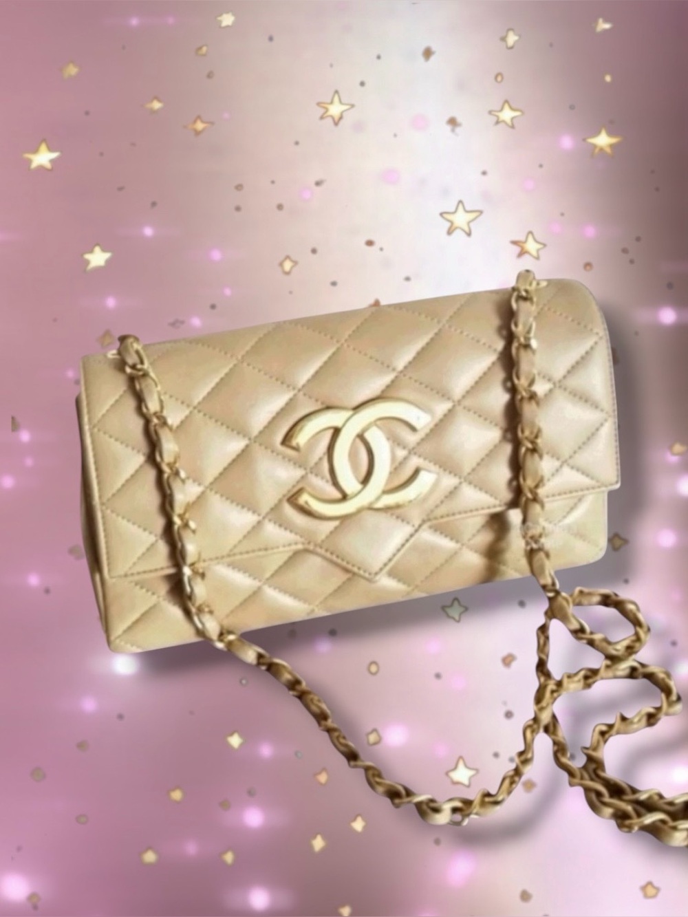 💗VINTAGE CHANEL Beige CC Logo Small Flap Shoulder Crossbody Bag 24K Gold-Plated